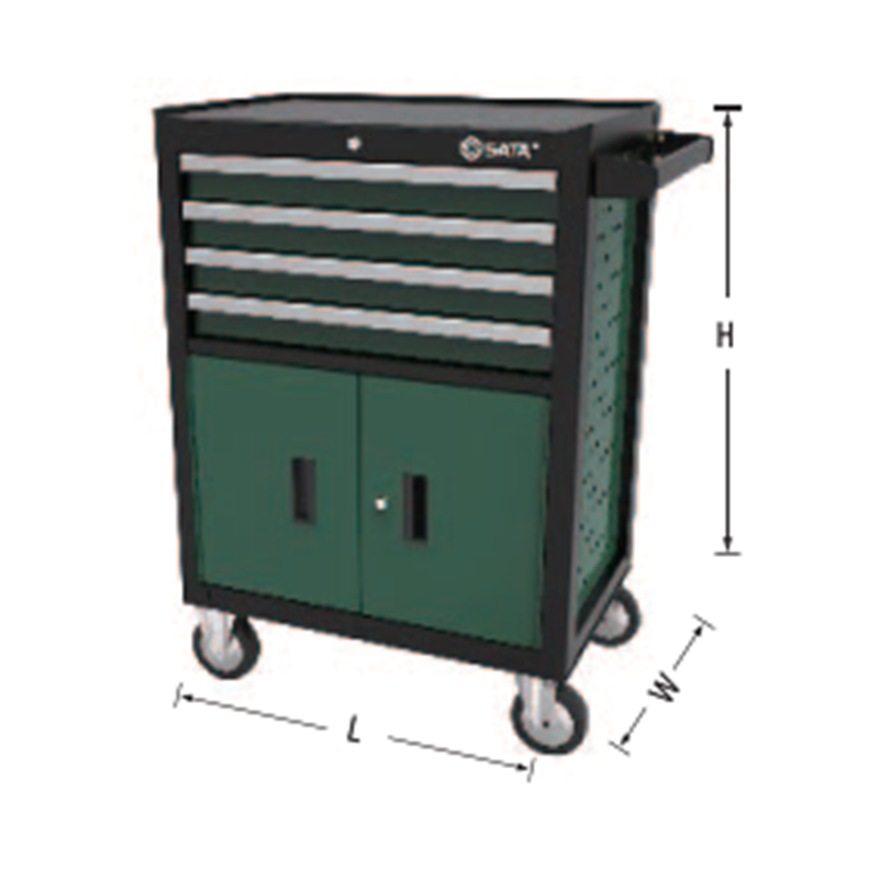 Xe đẩy, dùng chứa các dụng cụ gồm 2 cánh cửa và 6 ngăn kéo, kích thước: 27 inch (692x468x840mm), dùng trong garage sửa xe ô tô, SATA - 95125.