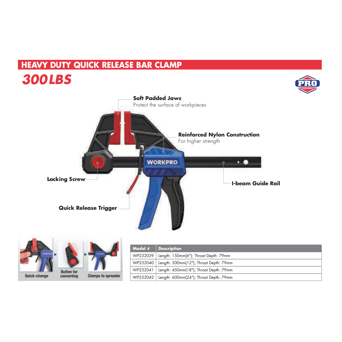 Kẹp dùng điều chỉnh gỗ 12 inch 300mm Workpro - WP232040