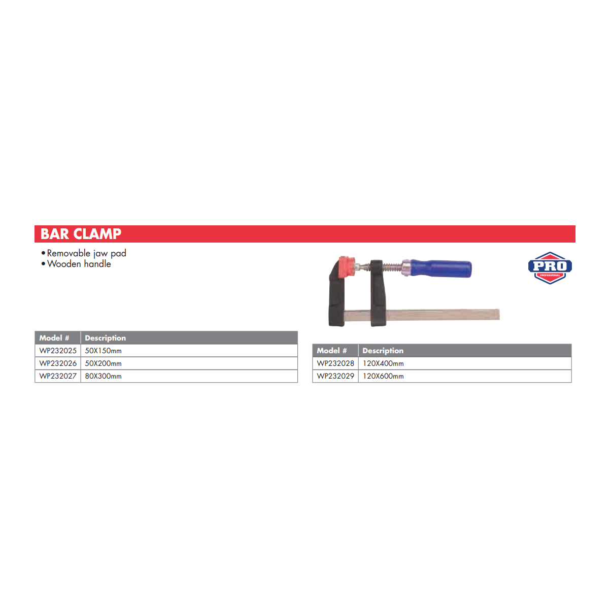 Kẹp dùng điều chỉnh gỗ 80x300mm Workpro - WP232027